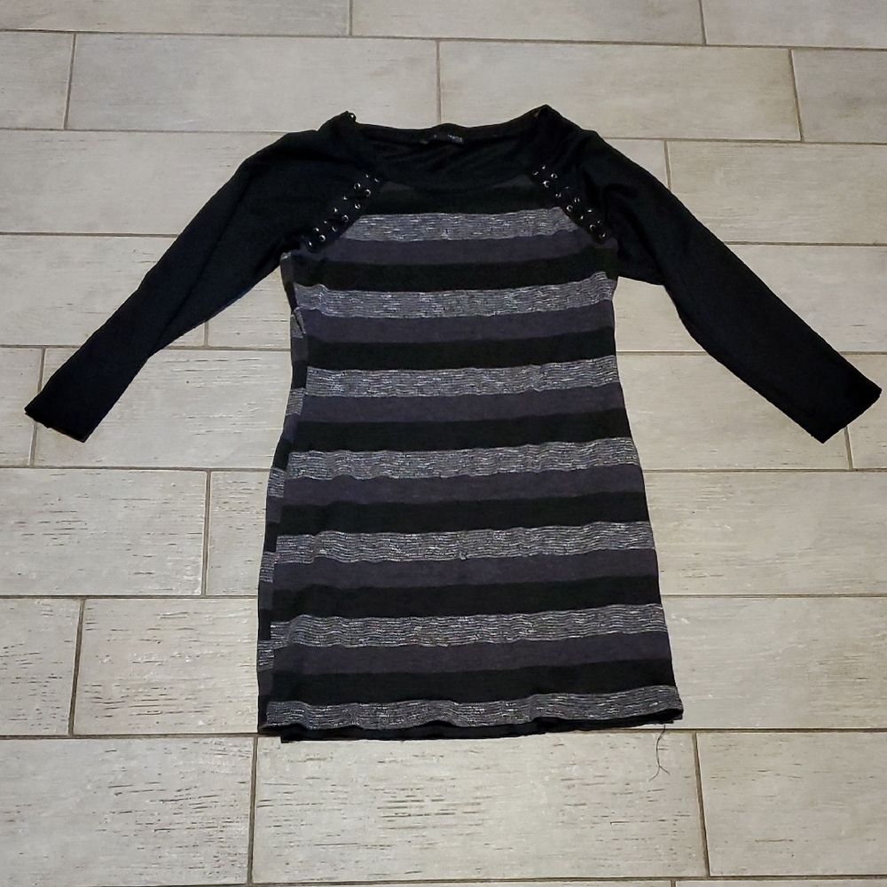 Three Pink Hearts Women's L Midi Dress with Black and Gray Stripes - Picture 1 of 3